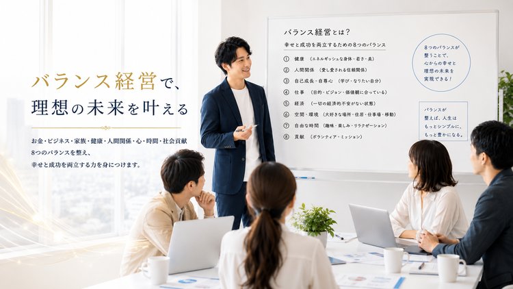 バランス経営で、理想の未来を叶える。お金・ビジネス・家族・健康・人間関係・心・時間・社会貢献、8つのバランスを整え、幸せと成功を両立する力を身につけます