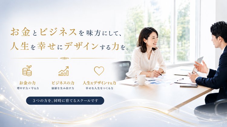 お金とビジネスを味方にして、人生を幸せにデザインする力を。3つの力を、同時に育てるスクールです