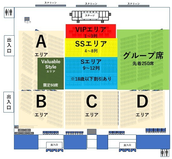 会場座席エリア図：中央前方からVIP・SS・Sエリア、右にグループ席、左にAエリアとValuable Styleエリア、下段にB・C・Dエリア