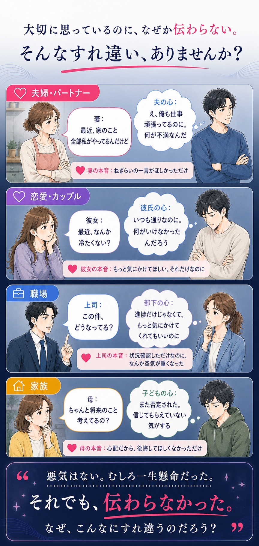 夫婦、恋愛、職場、家族で起きるすれ違いの会話例を漫画風に紹介しています。